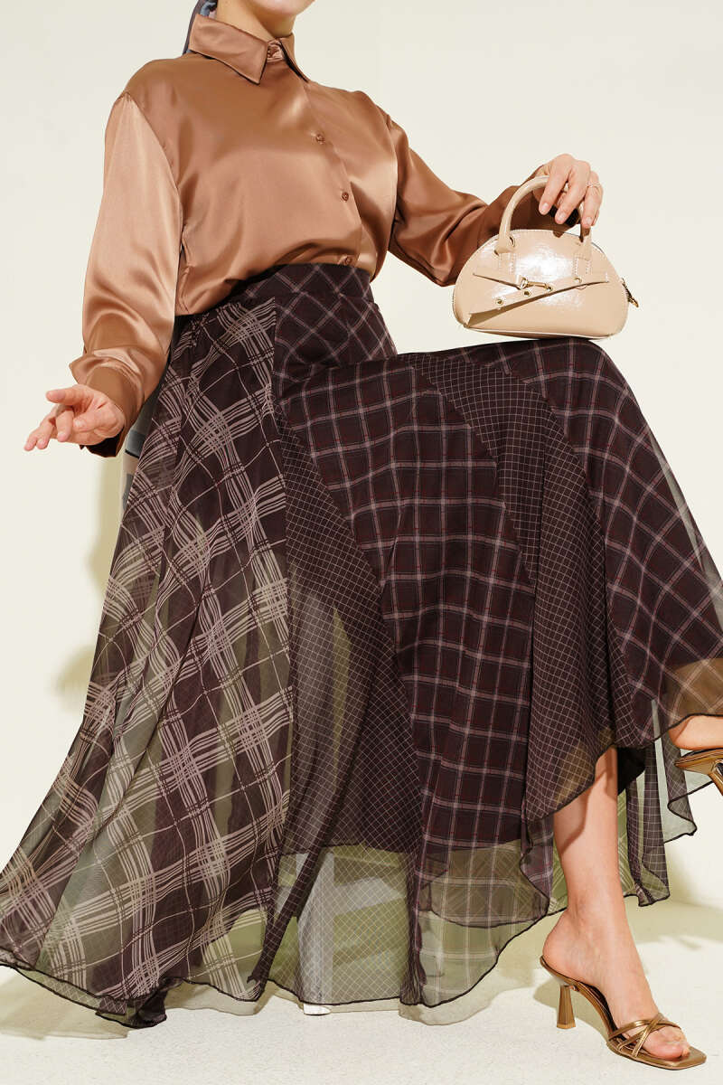 Ekose Desenli Şifon Kloş Etek