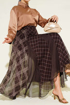 Ekose Desenli Şifon Kloş Etek