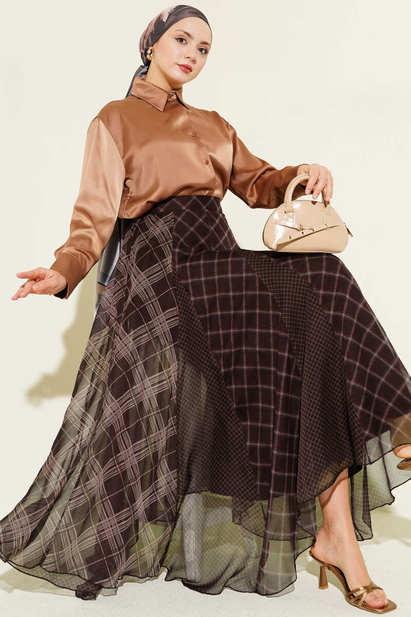 Ekose Desenli Şifon Kloş Etek