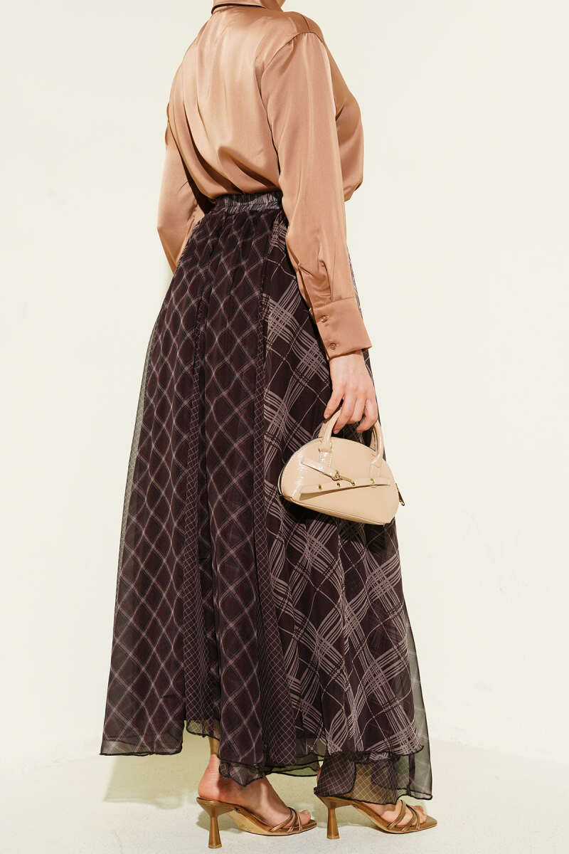 Ekose Desenli Şifon Kloş Etek