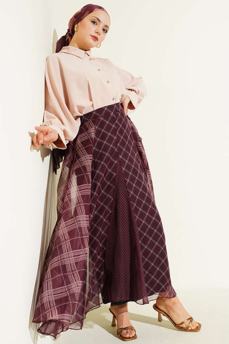 Ekose Desenli Şifon Kloş Etek