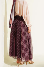 Ekose Desenli Şifon Kloş Etek