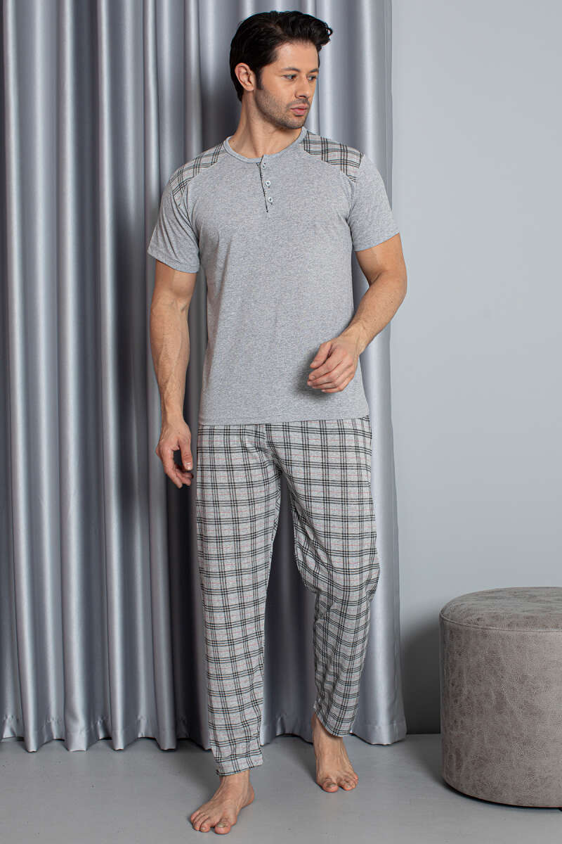 Ekose Garnili Kısa Kol Erkek Pijama Takımı Gri