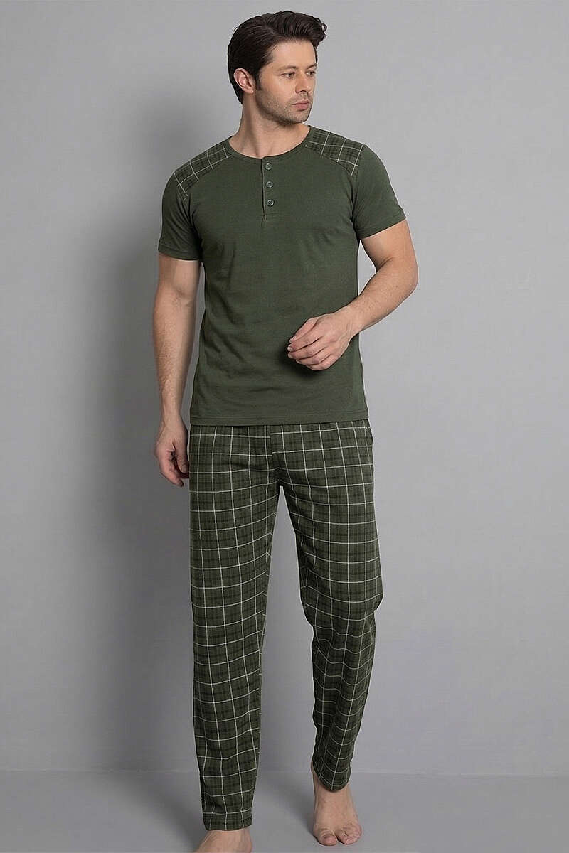Ekose Garnili Kısa Kol Erkek Pijama Takımı Haki