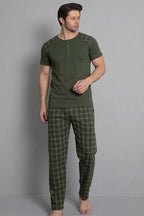 Ekose Garnili Kısa Kol Erkek Pijama Takımı Haki