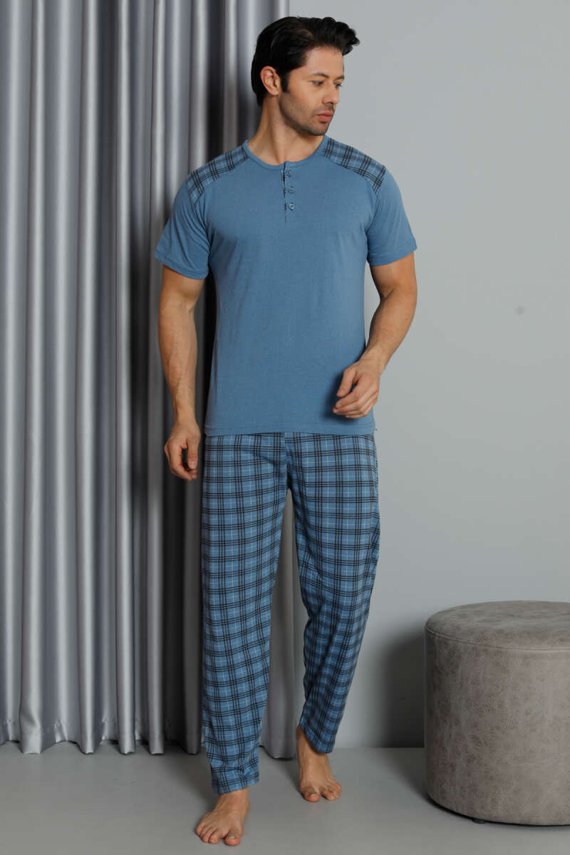 Ekose Garnili Kısa Kol Erkek Pijama Takımı İndigo