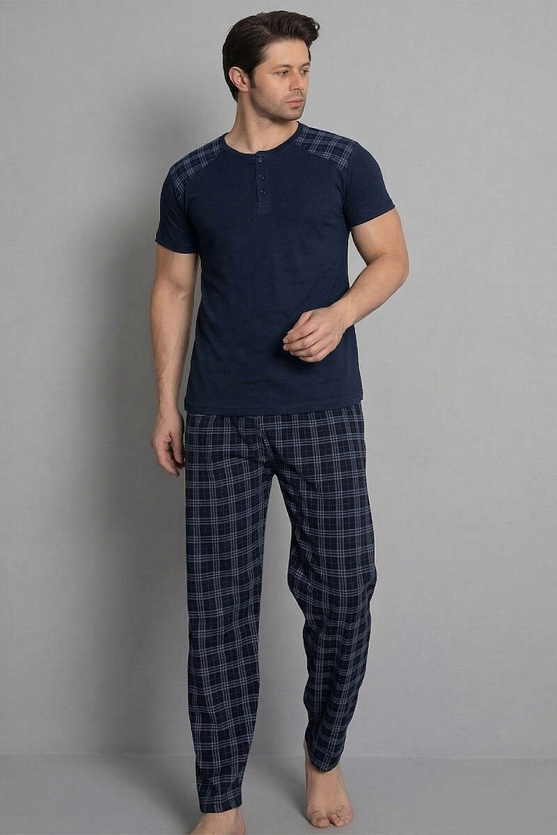 Ekose Garnili Kısa Kol Erkek Pijama Takımı Lacivert