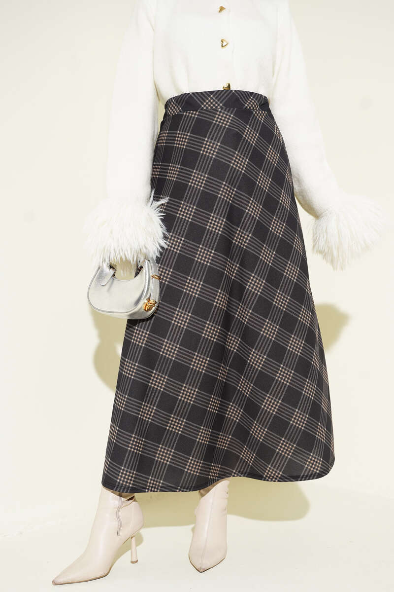 Ekoseli Beli Lastikli Kloş Etek Antrasit Gri Главное изображение товара