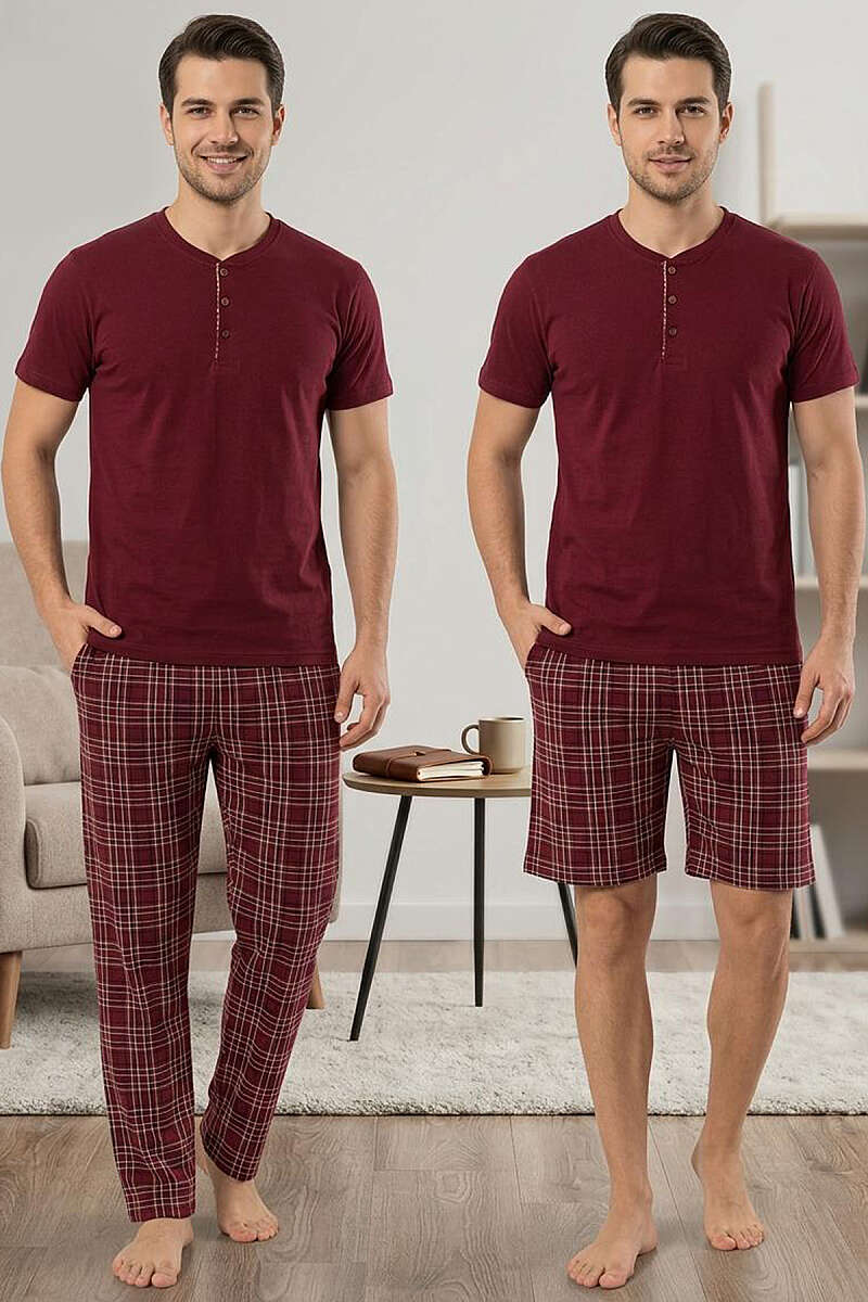 Ekoseli Erkek 3'lü Kısa Kol Pijama Takımı