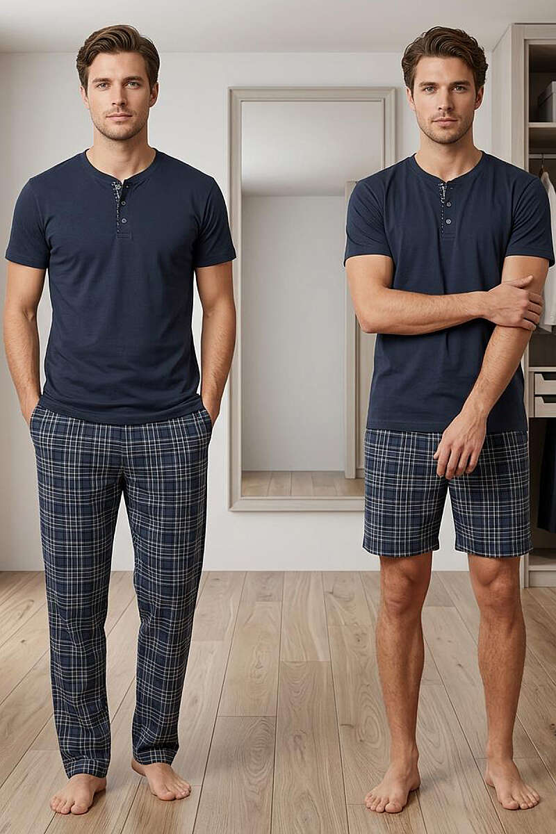 Ekoseli Erkek 3'lü Kısa Kol Pijama Takımı