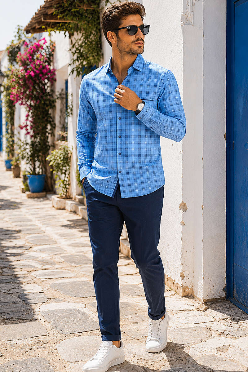 Ekoseli Slim Fit Erkek Gömlek Mavi