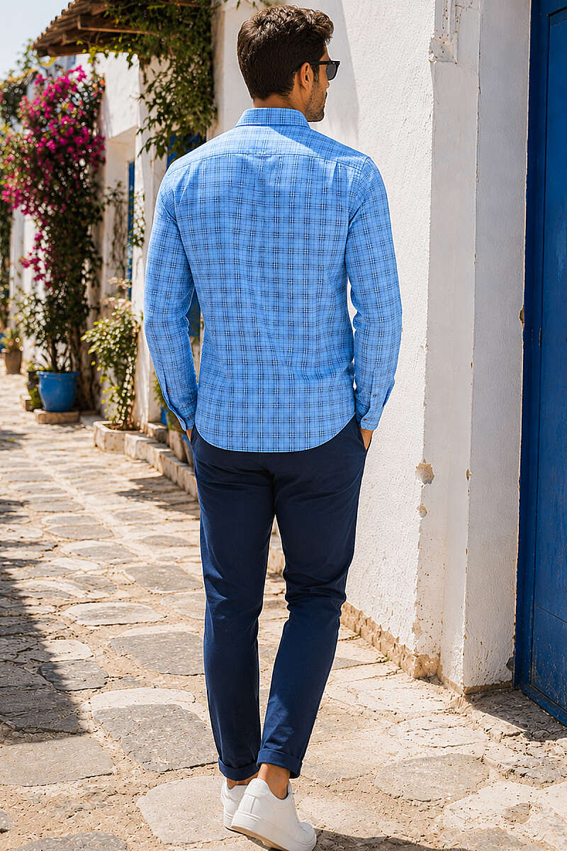 Ekoseli Slim Fit Erkek Gömlek Mavi