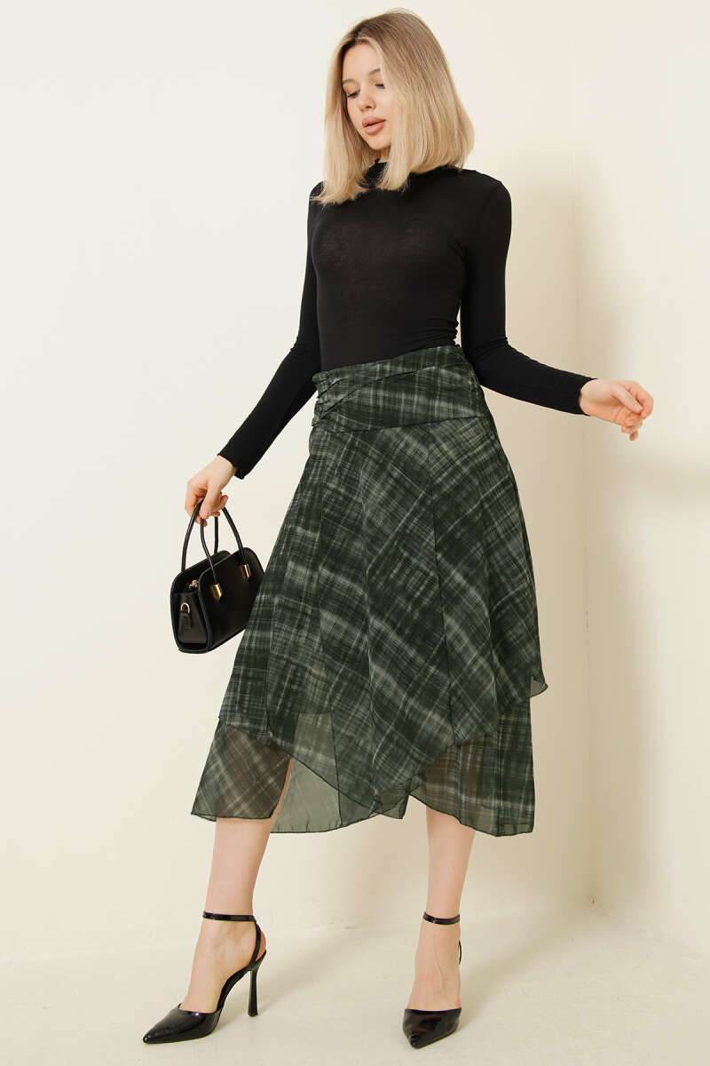 Ekoseli Yırtmaçlı Şifon Midi Etek Haki Главное изображение товара