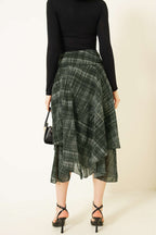 Ekoseli Yırtmaçlı Şifon Midi Etek Haki