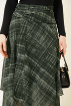 Ekoseli Yırtmaçlı Şifon Midi Etek Haki