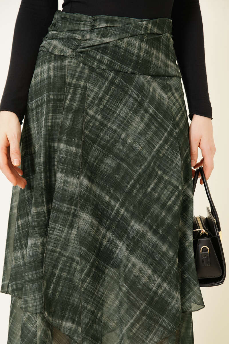 Ekoseli Yırtmaçlı Şifon Midi Etek Haki