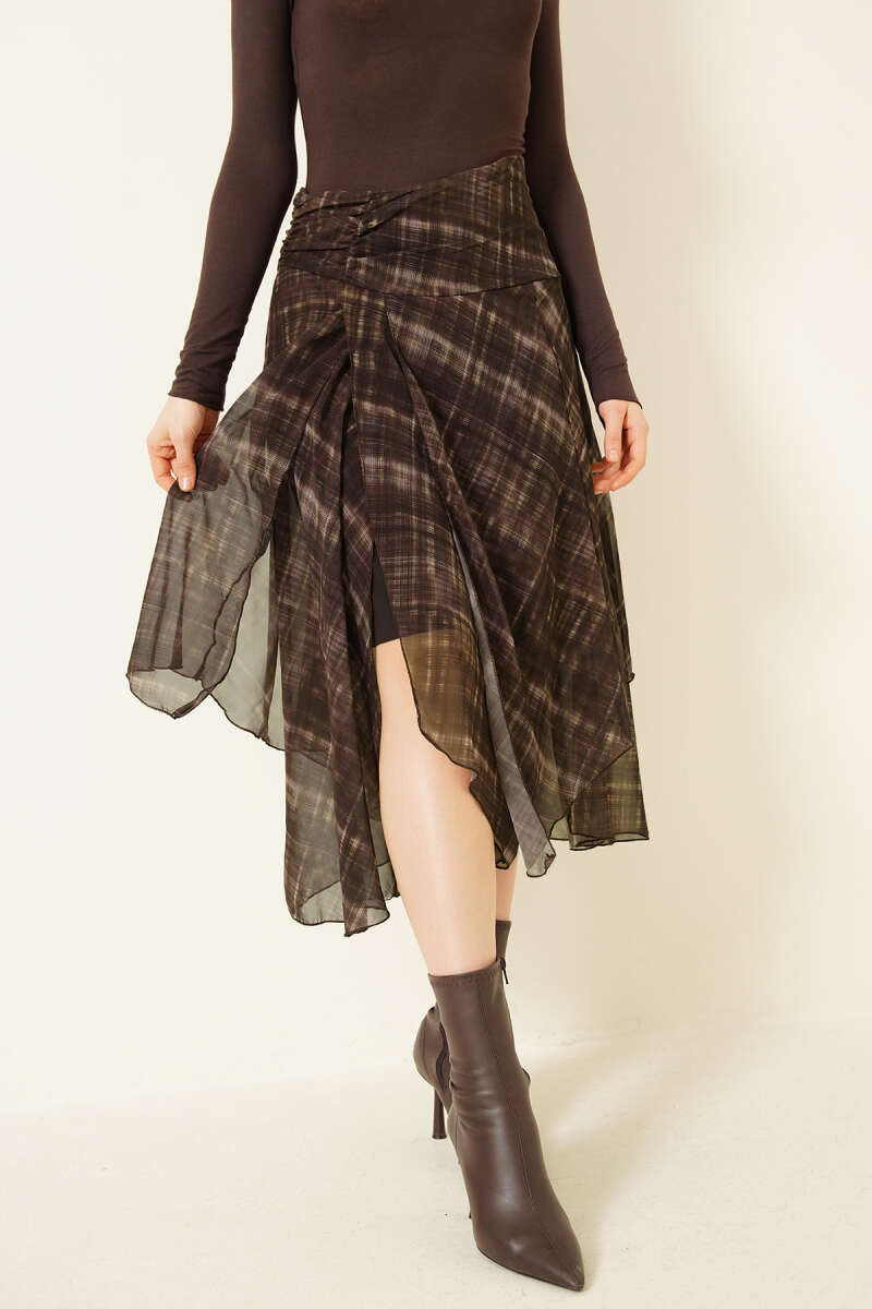 Ekoseli Yırtmaçlı Şifon Midi Etek