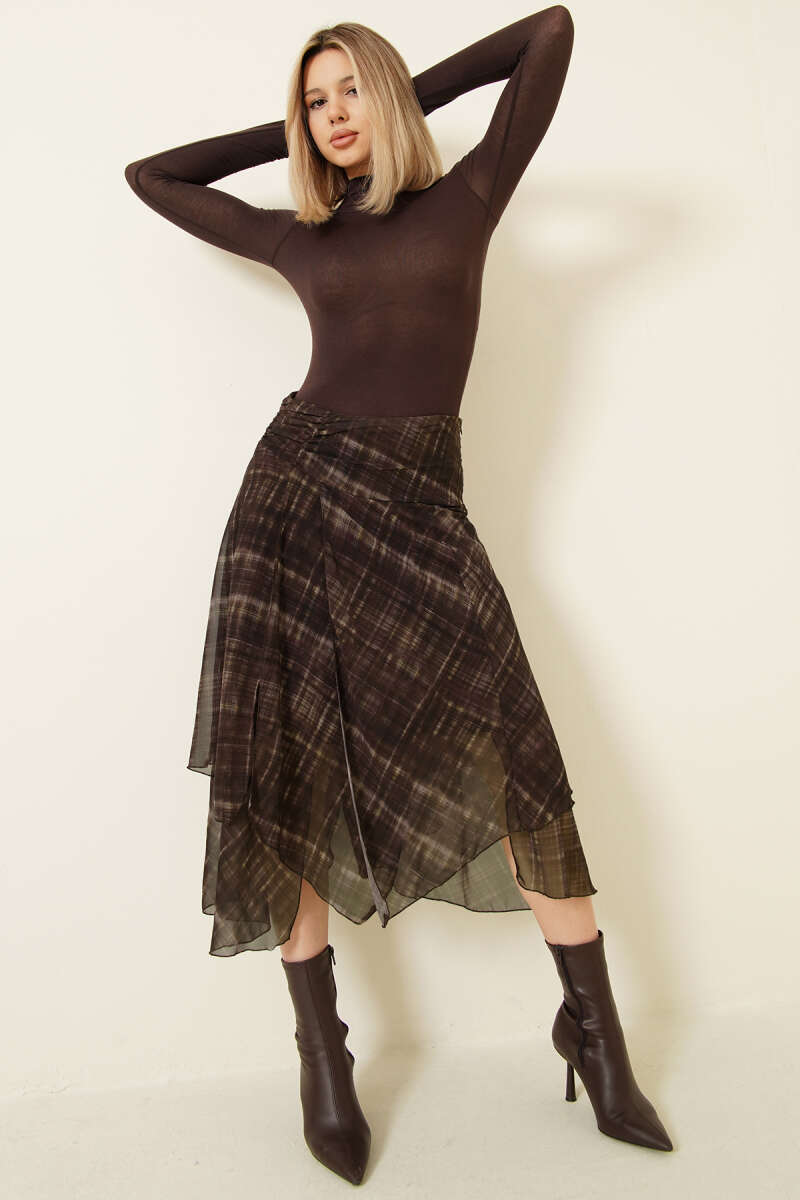 Ekoseli Yırtmaçlı Şifon Midi Etek