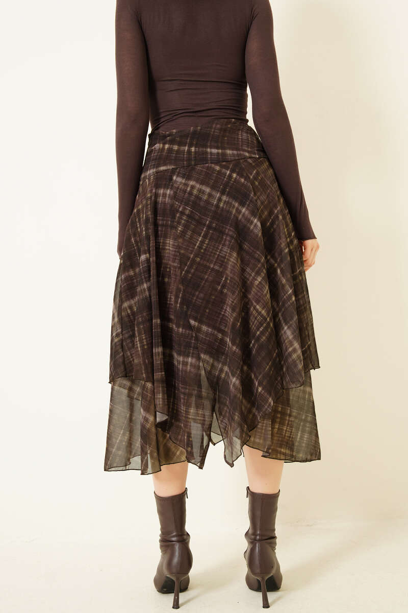 Ekoseli Yırtmaçlı Şifon Midi Etek