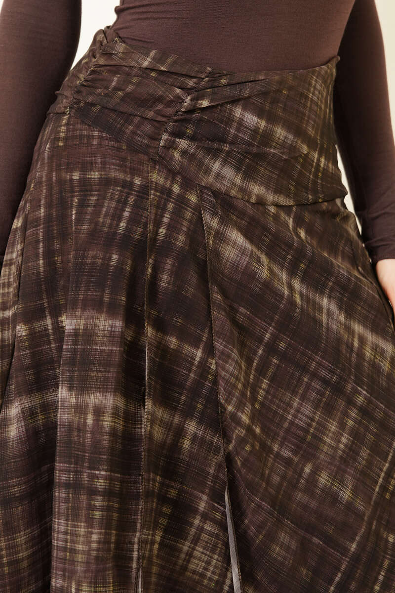 Ekoseli Yırtmaçlı Şifon Midi Etek