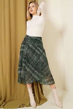 Ekoseli Yırtmaçlı Şifon Midi Etek