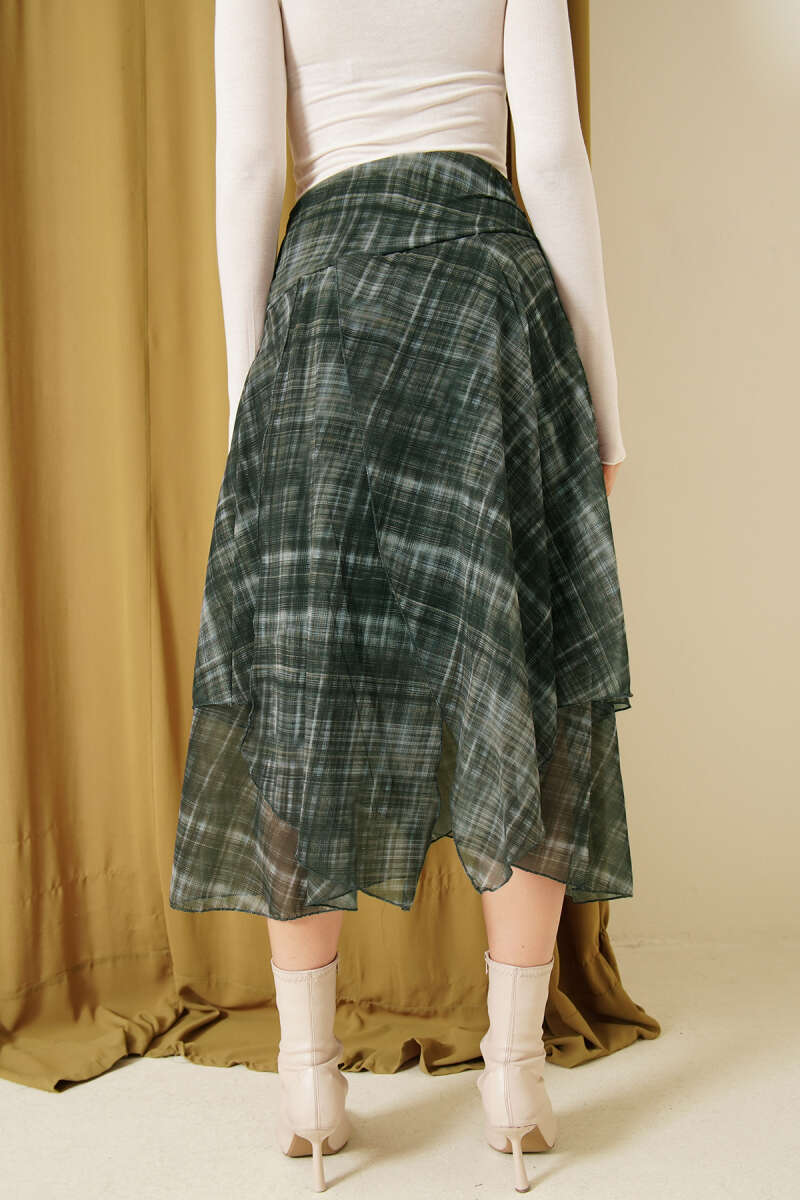 Ekoseli Yırtmaçlı Şifon Midi Etek