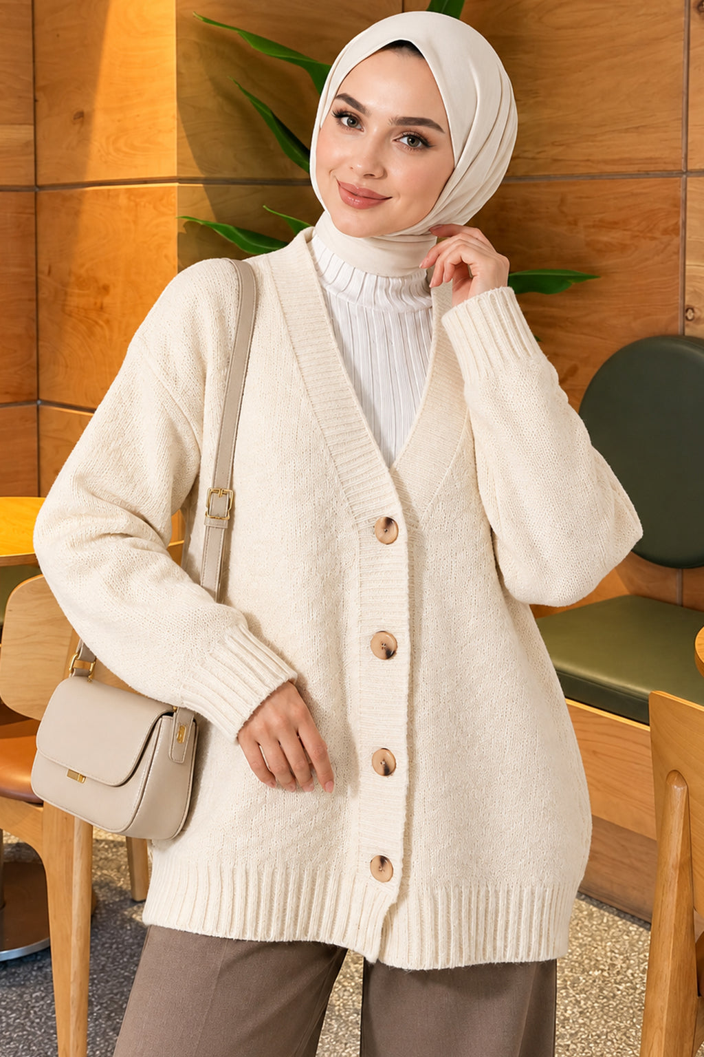V-Neck Buttoned Oversize Knit Cardigan Brown