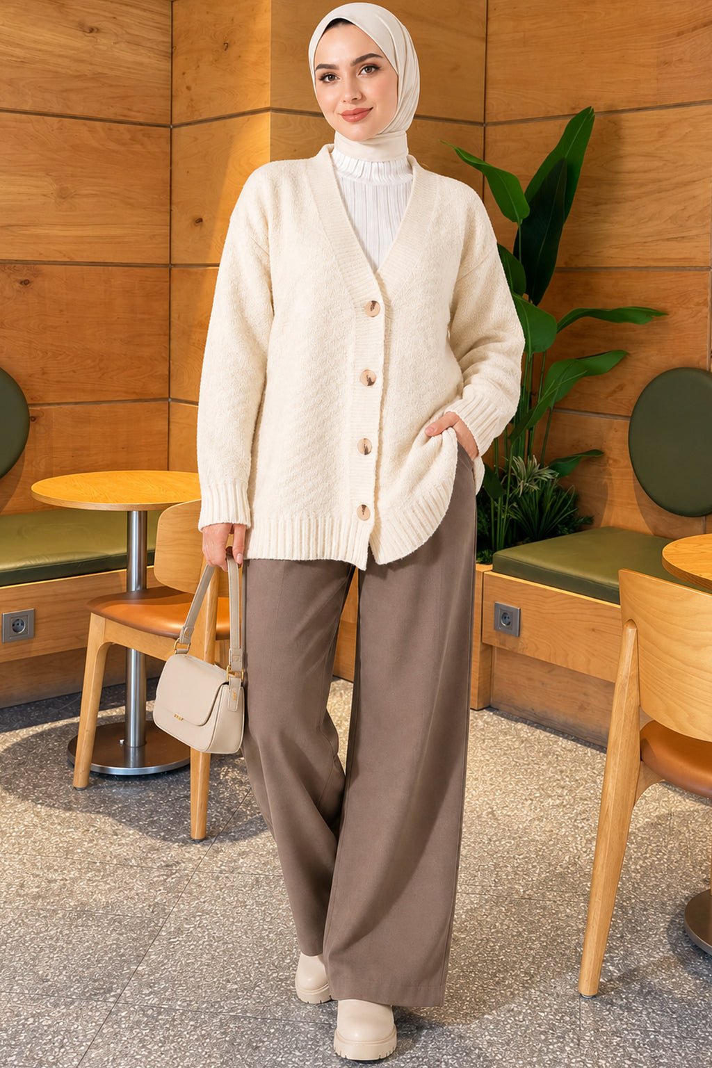 V-Neck Buttoned Oversize Knit Cardigan Brown