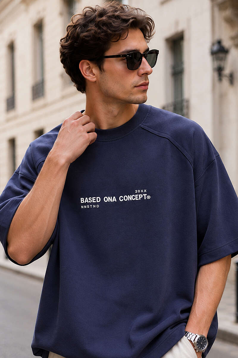 Enjeksiyon Baskılı Salaş Erkek T-shirt Lacivert
