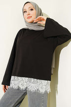 Etek Ucu Dantelli Basic Tunik Siyah