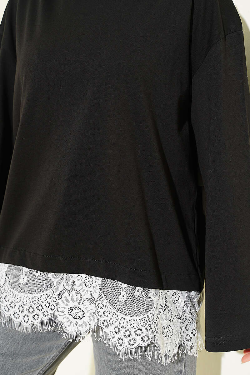 Etek Ucu Dantelli Basic Tunik Siyah