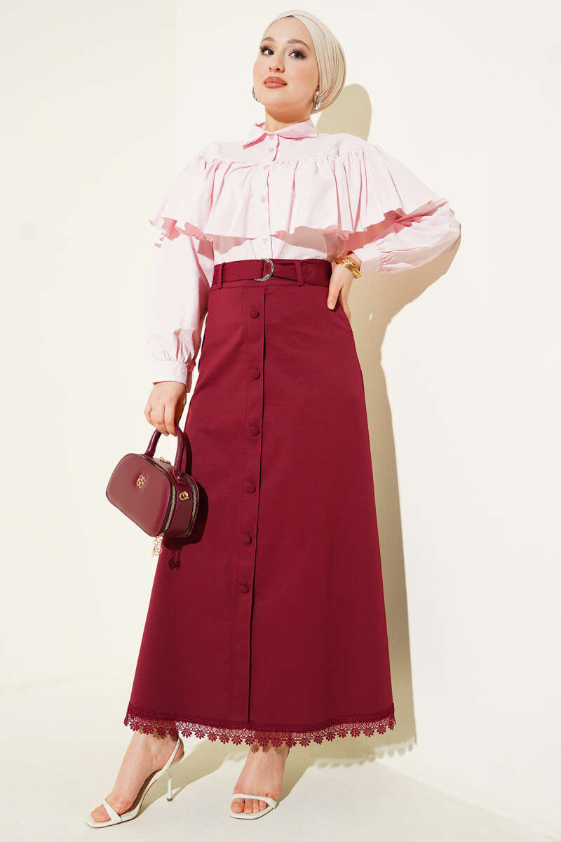 Button Detailed Skirt with Guipure Hem Второстепенное изображение товара