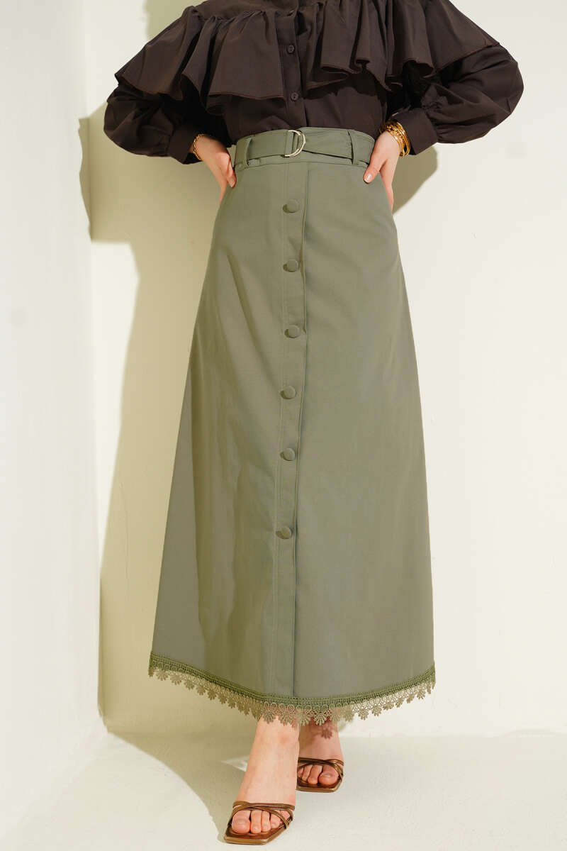 Etek Ucu Güpürlü Düğme Detaylı Etek Haki