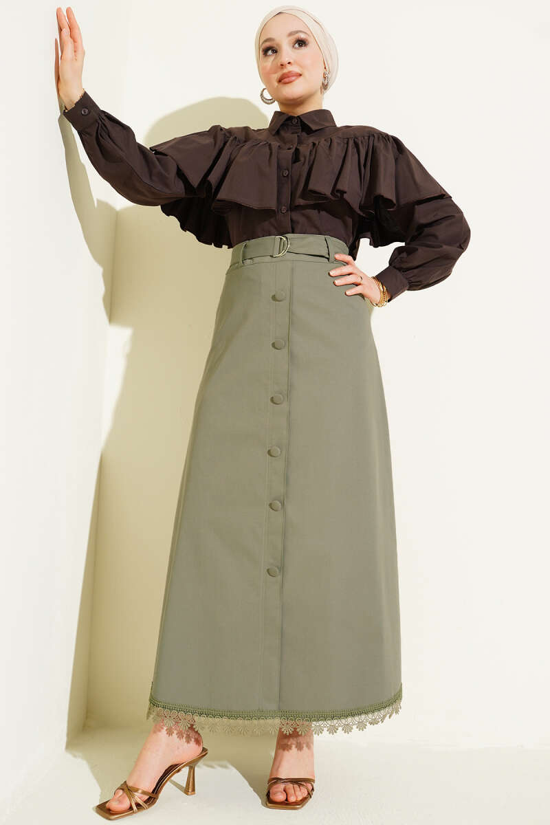 Etek Ucu Güpürlü Düğme Detaylı Etek Haki