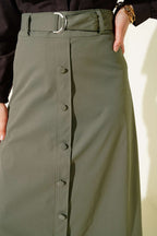 Etek Ucu Güpürlü Düğme Detaylı Etek Haki