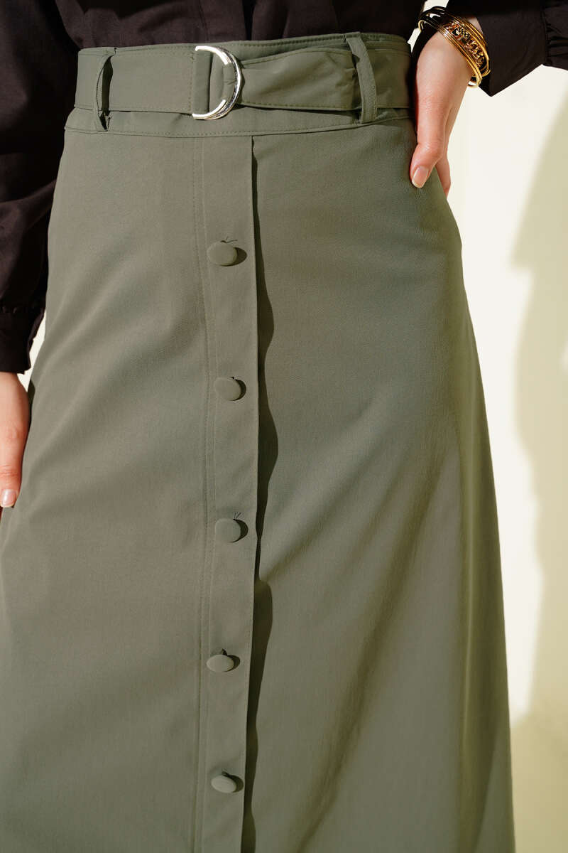 Etek Ucu Güpürlü Düğme Detaylı Etek Haki