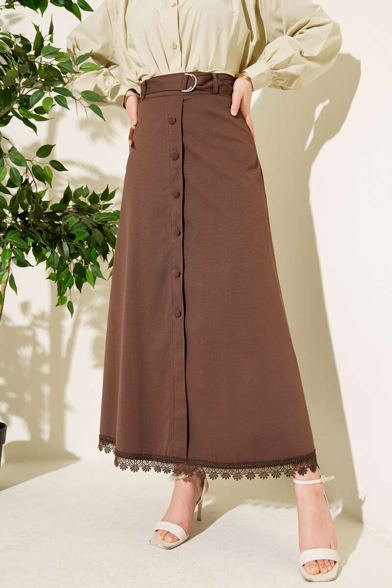 Etek Ucu Güpürlü Düğme Detaylı Etek