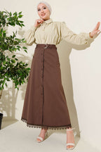 Etek Ucu Güpürlü Düğme Detaylı Etek