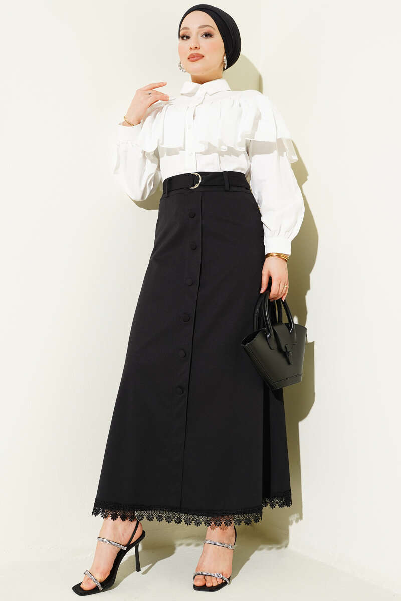 Etek Ucu Güpürlü Düğme Detaylı Etek Siyah