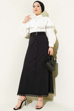 Etek Ucu Güpürlü Düğme Detaylı Etek Siyah