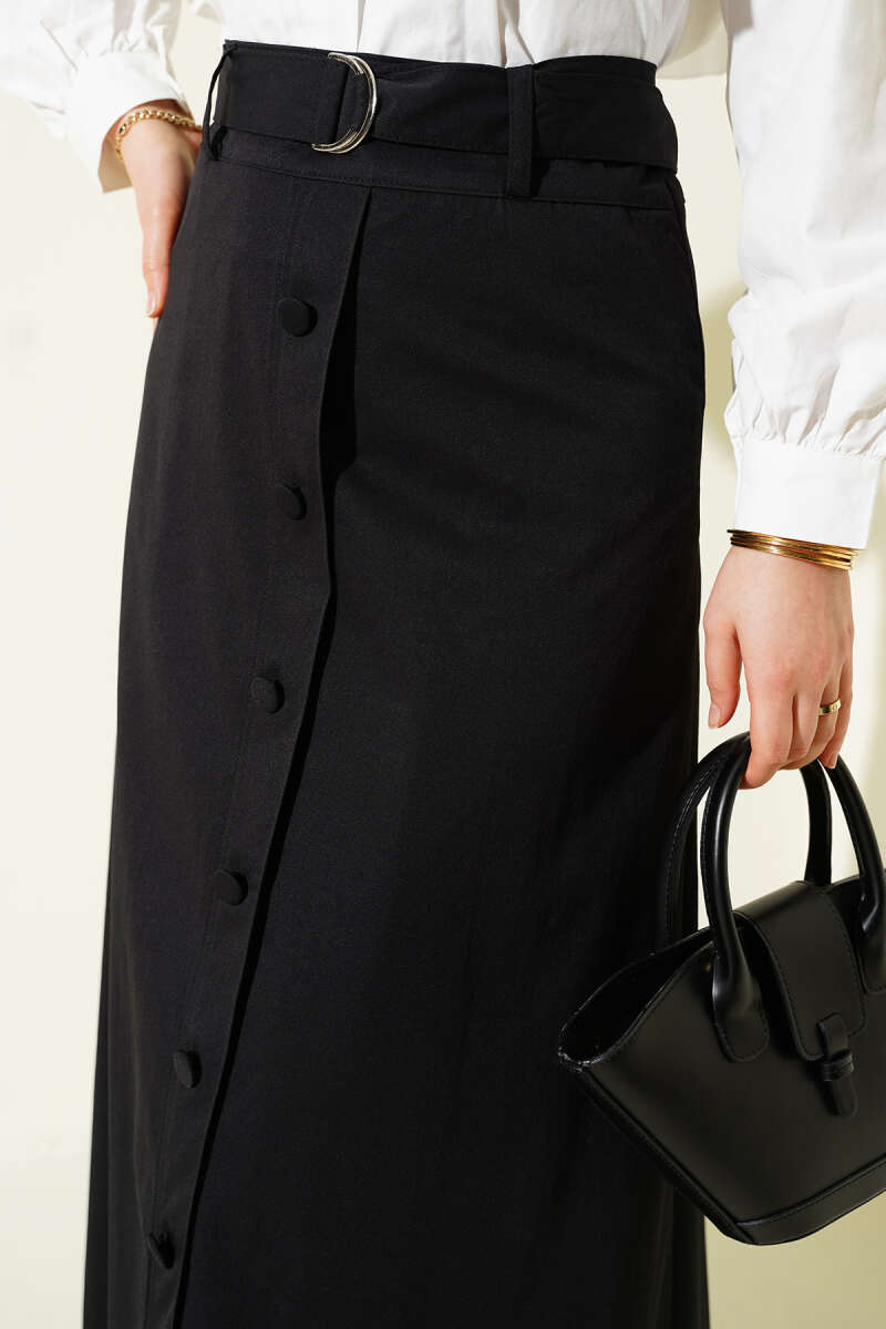 Etek Ucu Güpürlü Düğme Detaylı Etek Siyah