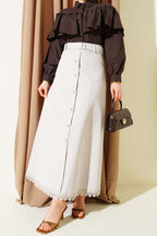 Etek Ucu Güpürlü Düğme Detaylı Etek