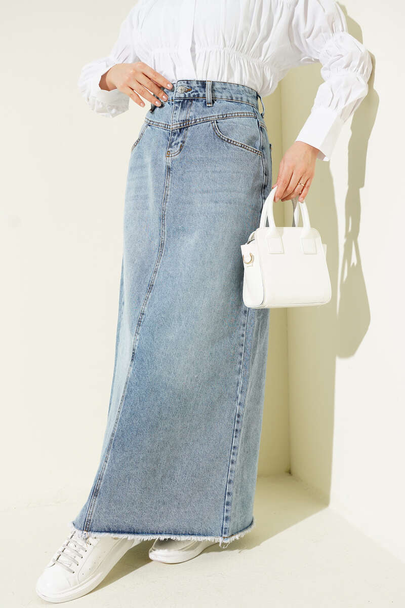 Etek Ucu Püsküllü Jean Etek