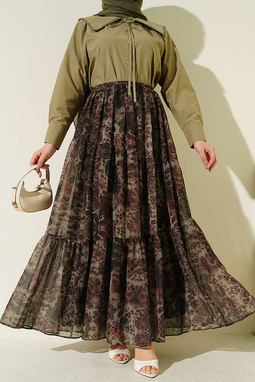 Etnik Desen Katlı Şifon Etek Haki