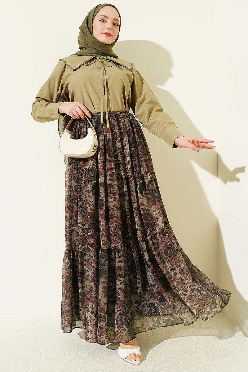 Etnik Desen Katlı Şifon Etek Haki
