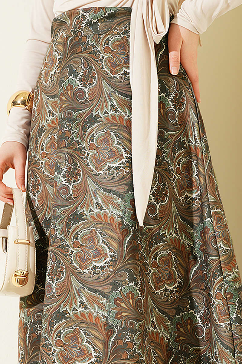 Etnik Desenli Scuba Etek Çağla Yeşili