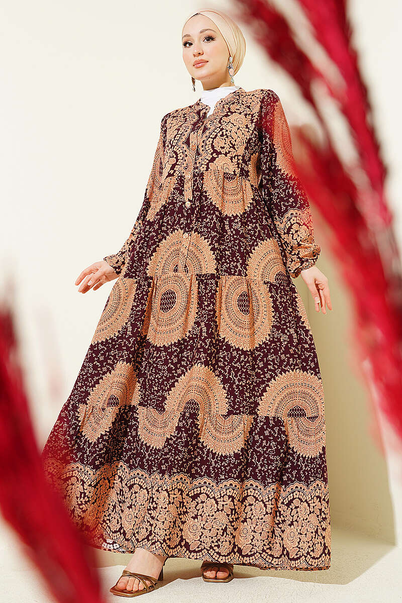 Etnik Motif Desen Hakim Yaka Elbise
