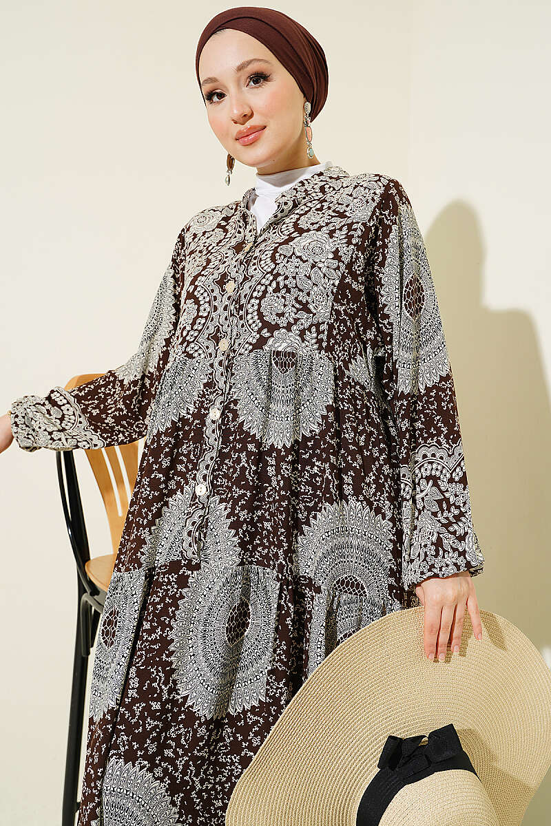 Etnik Motif Desen Hakim Yaka Elbise
