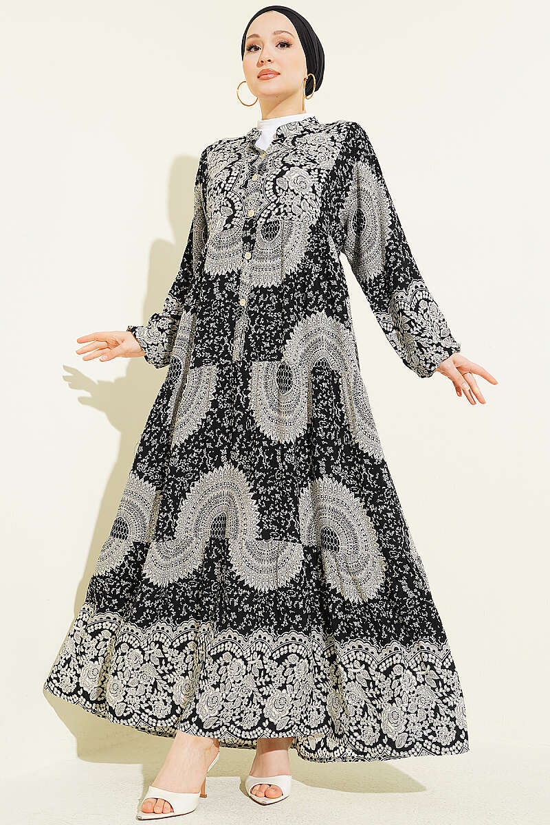Etnik Motif Desen Hakim Yaka Elbise Siyah