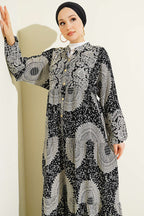 Etnik Motif Desen Hakim Yaka Elbise Siyah
